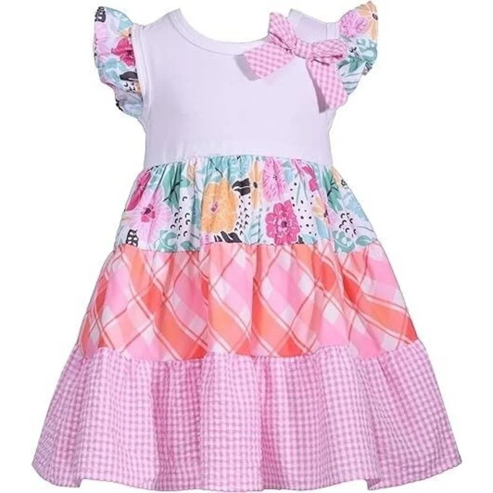 Bonnie Jean Girls Dress Flutter Sleeve Knit Mixed Tiered Poplin Multi 6-9 Months